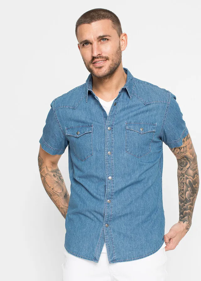 Camisa vaquera de corte slim y manga corta (2 unidades) Denim claro + blanco